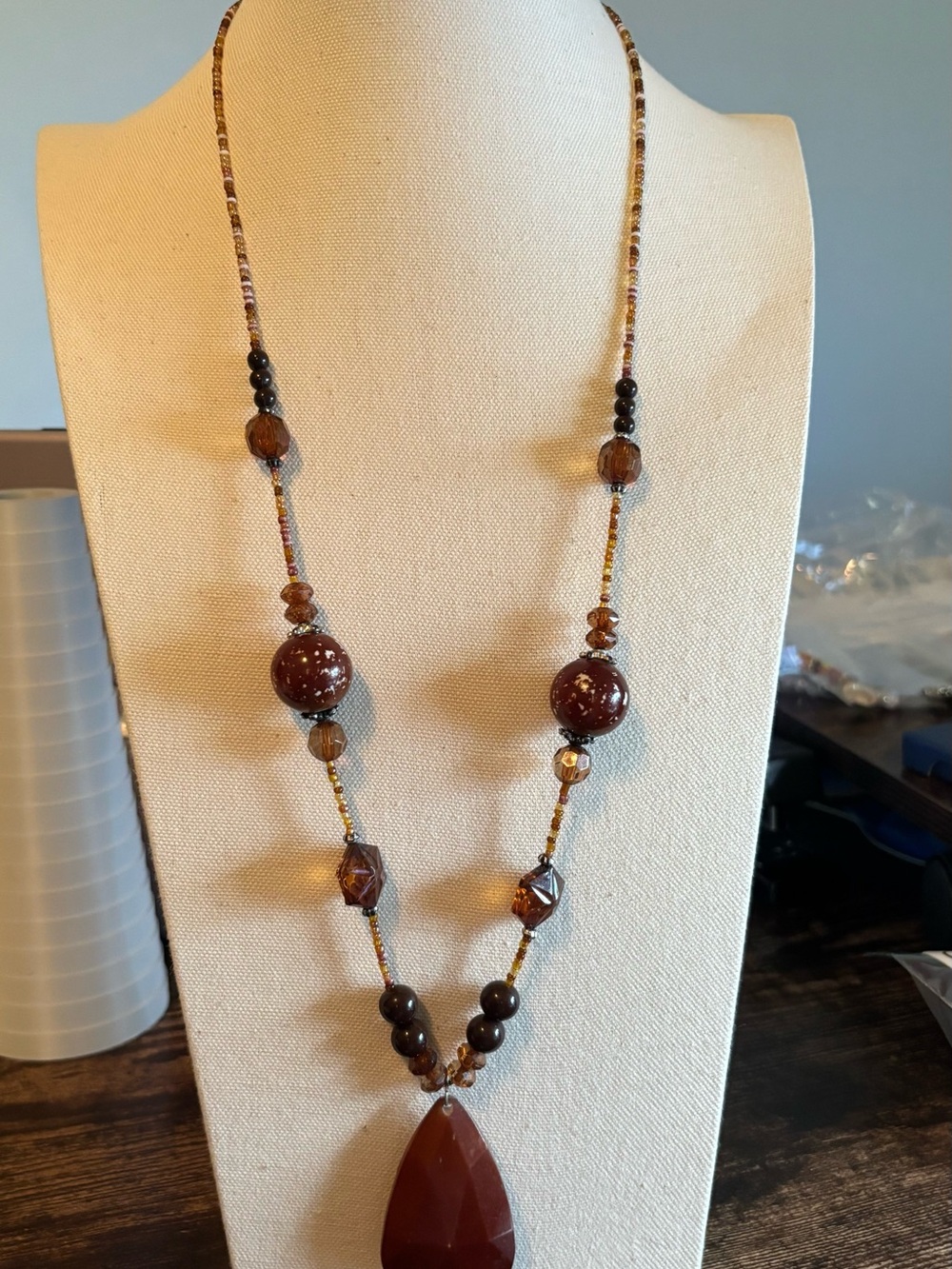 Brown Beaded Teardrop Necklace